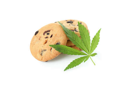 Cannabis leaves and cookies isolated on white backgroundの写真素材