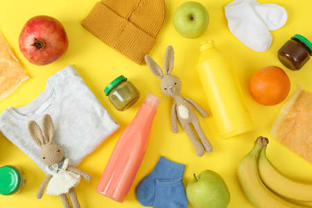 Concept of donation with food on yellow backgroundの写真素材