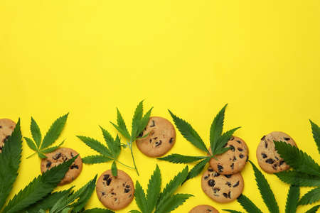 Cannabis cookies and leaves on yellow backgroundの写真素材