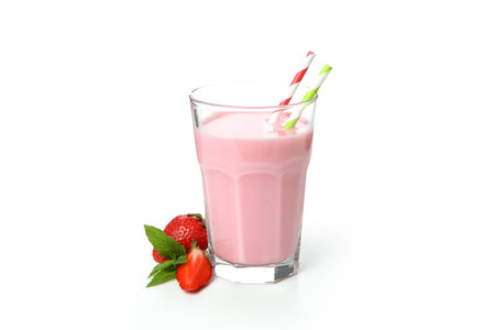 Glass of strawberry milkshake isolated on white backgroundの写真素材