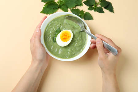 Concept of healthy food with nettle soup on beige background, top viewの写真素材
