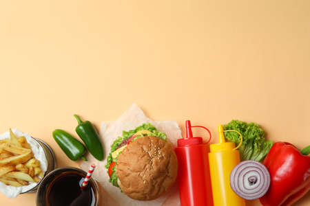 Concept of tasty food with delicious burgerの写真素材