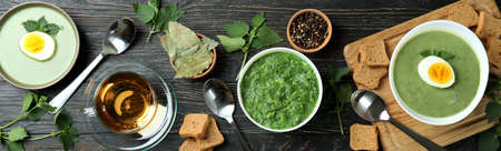 Concept of healthy food with nettle soup on wooden table
