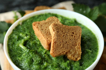 Concept of healthy food with nettle soup, close up