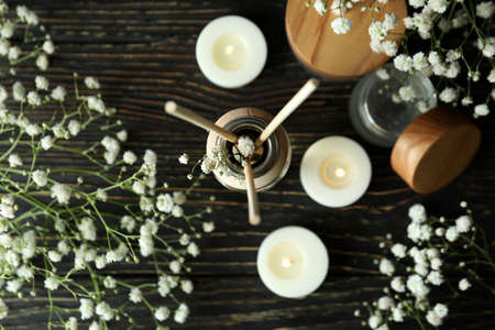 Aromatic concept with diffuser on wooden tableの写真素材