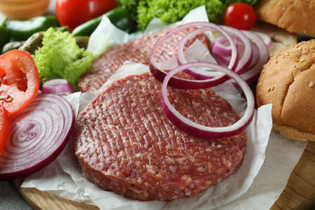 Concept of cooking burger with burger ingredients, closeupの写真素材