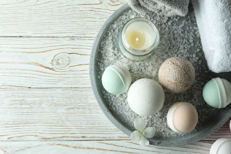 Body care concept with bath balls, space for textの写真素材
