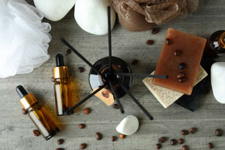 Aromatic concept with diffuser on gray textured table