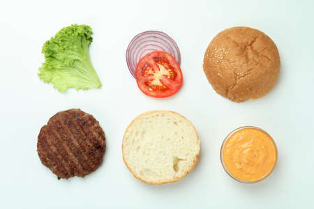 Concept of cooking burger on white background, top viewの写真素材