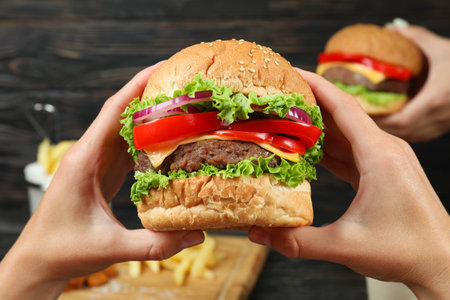 Concept of eating fast food, close upの写真素材
