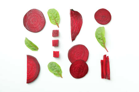 Chopped ripe red beet on white backgroundの写真素材