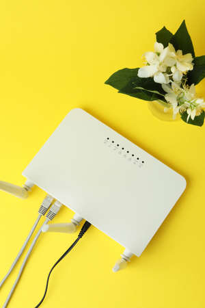 Wi-Fi router and flowers on yellow background