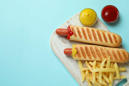 Concept of tasty food with french hot dogの写真素材