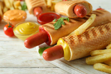 Concept of tasty food with french hot dogの写真素材