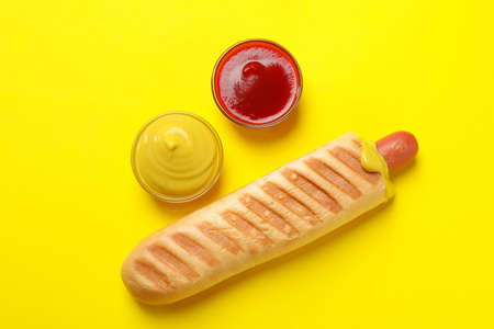 Concept of tasty food with french hot dogの写真素材