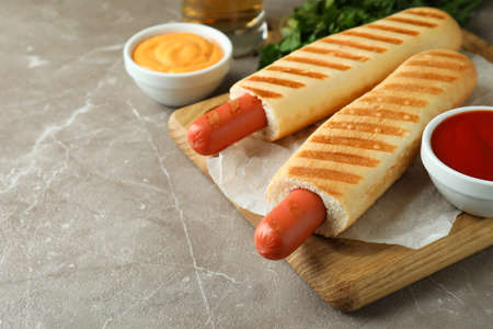 Concept of tasty food with french hot dogの写真素材