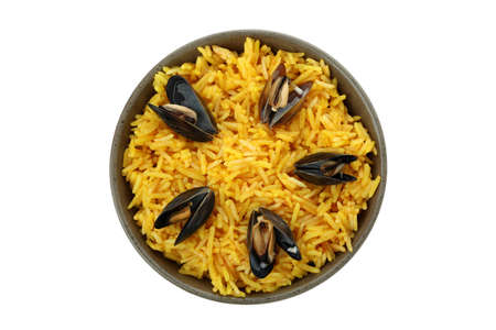 Delicious Spanish Paella isolated on white backgroundの写真素材