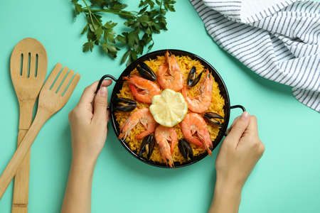 Concept of delicious food with Spanish Paellaの写真素材