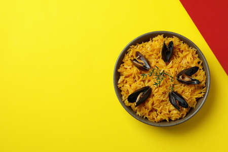 Concept of delicious food with Spanish Paellaの写真素材
