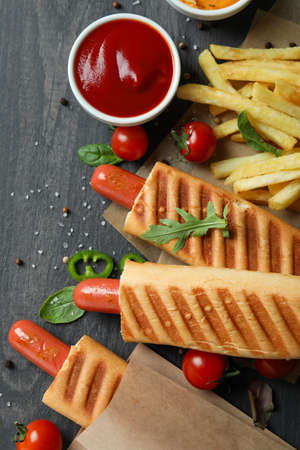Concept of tasty food with french hot dogの写真素材