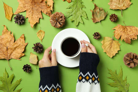 Cozy autumn concept background with coffee drinkの写真素材