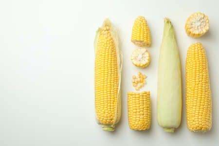 Fresh raw corn on white background, flat layの写真素材