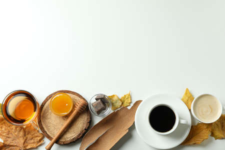 Cozy autumn concept background with tea and coffeeの写真素材