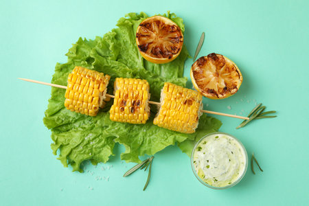 Concept of tasty food with grilled cornの写真素材