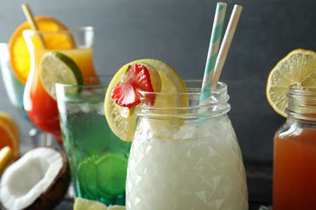 Different fresh summer cocktails, close up and selective focus