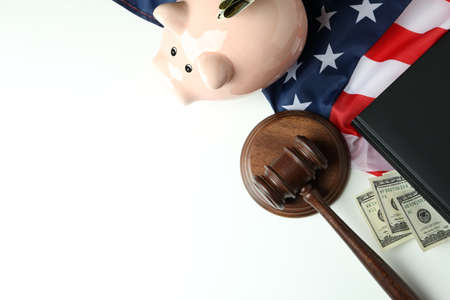 American law concept with judge gavel on white backgroundの写真素材