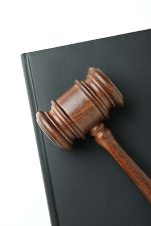 Judge gavel and law book on white background