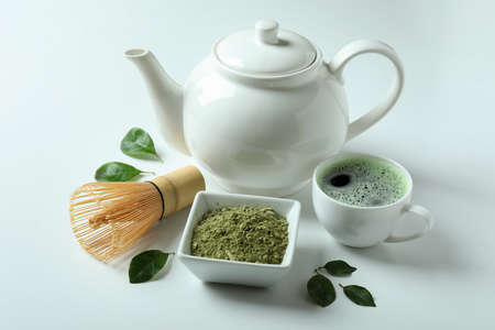 Concept of japanese tea with matcha on white background