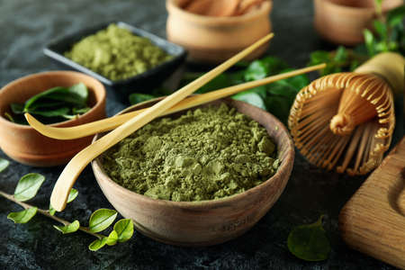 Concept of japanese tea with matcha on dark tableの写真素材
