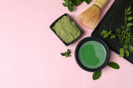 Concept of japanese tea with matcha on pink backgroundの写真素材