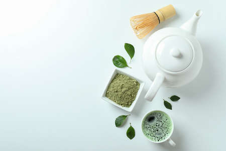 Concept of japanese tea with matcha on white backgroundの写真素材