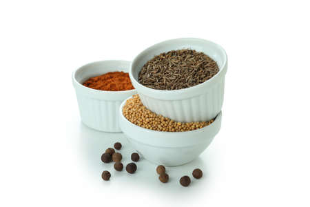 Different aromatic spices isolated on white background