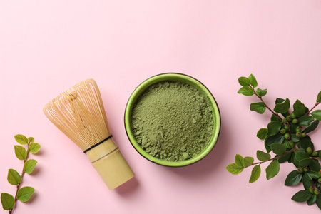 Concept of japanese tea with matcha on pink background