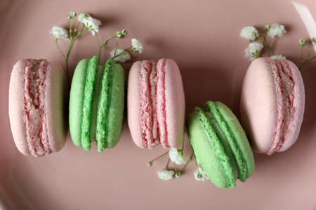 Pink plate with tasty macaroons, close upの写真素材