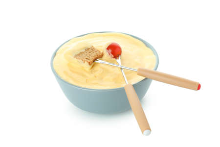 Bowl of cheese fondue isolated on white backgroundの写真素材