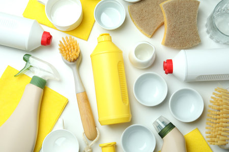 Concept of different Dishwashing detergent accessories on white tableの写真素材