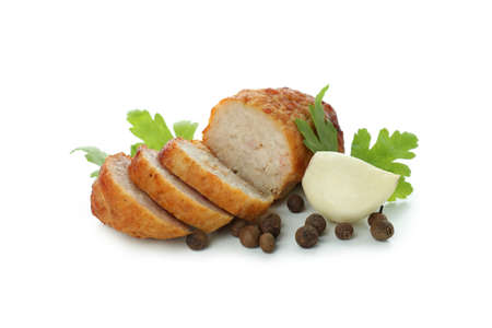 Cutlet, peppercorns, garlic and parsley isolated on white backgroundの写真素材