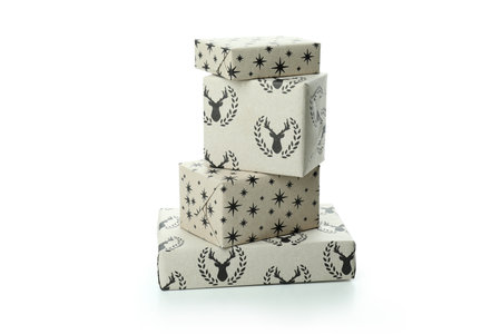 Craft Christmas boxes isolated on white backgroundの写真素材