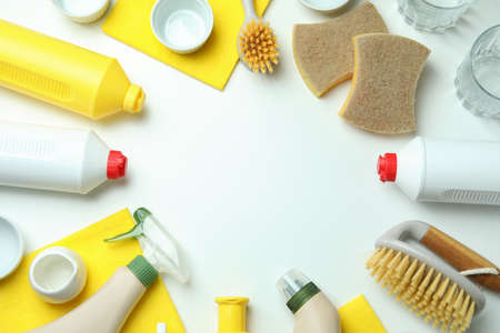 Concept of different Dishwashing detergent accessories on white tableの写真素材