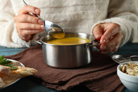 Concept of tasty eating with pumpkin soup, close upの写真素材