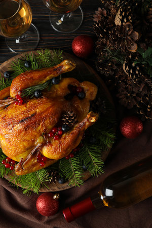 Concept of Christmas roast turkey on wooden tableの写真素材