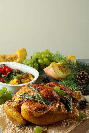 Christmas roast turkey concept on gray textured tableの写真素材