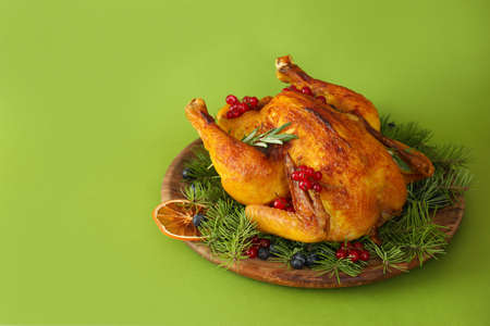 Concept of Christmas roast turkey on green backgroundの写真素材