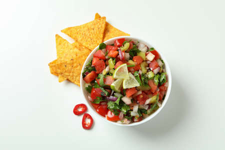 Pico de Gallo and chips on white background