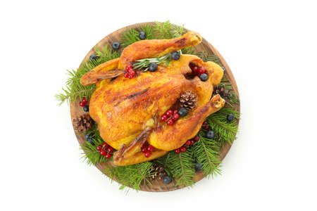 Christmas roast turkey isolated on white backgroundの写真素材