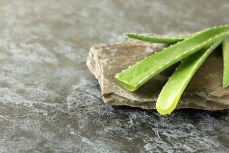 Aloe vera leaves and stone on black smokey backgroundの写真素材
